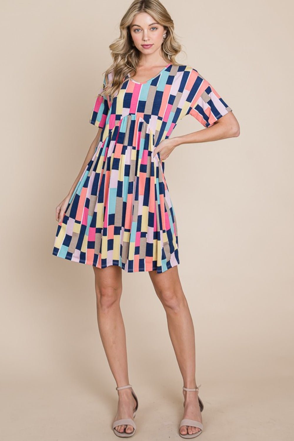 BOMBOM Ruched Color Block Short Sleeve Mini Dress - Runway Regalia