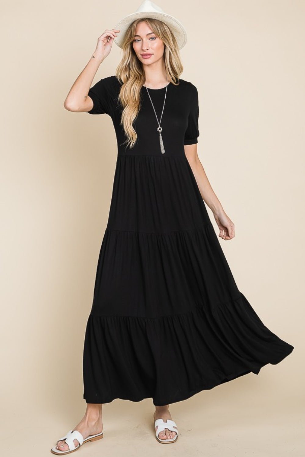 BOMBOM Short Sleeve Tiered Maxi Dress - Runway Regalia