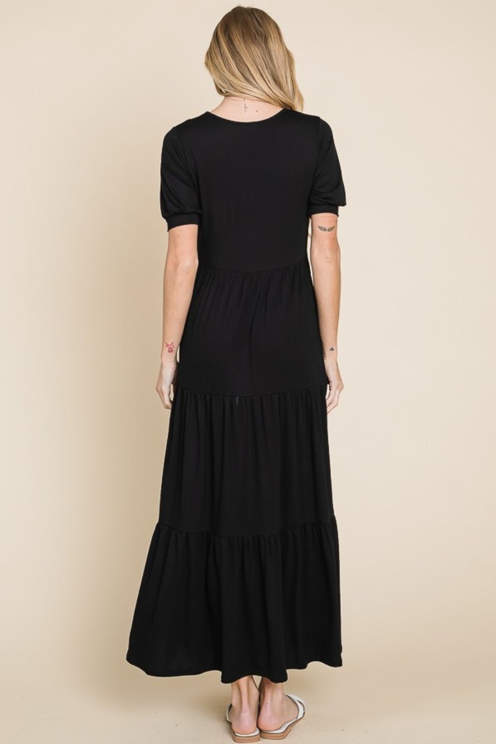 BOMBOM Short Sleeve Tiered Maxi Dress - Runway Regalia