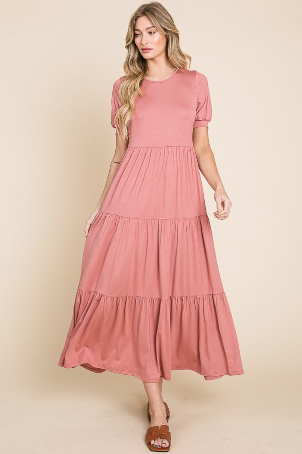 BOMBOM Short Sleeve Tiered Maxi Dress - Runway Regalia