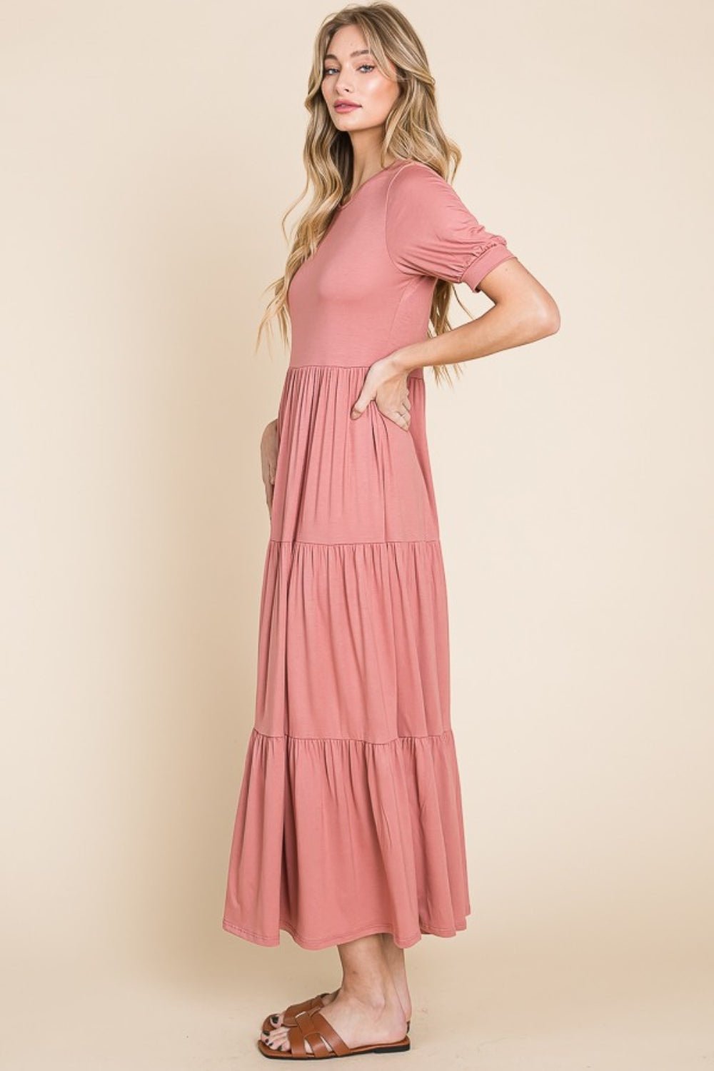 BOMBOM Short Sleeve Tiered Maxi Dress - Runway Regalia