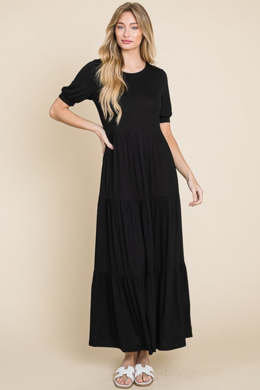 BOMBOM Short Sleeve Tiered Maxi Dress - Runway Regalia