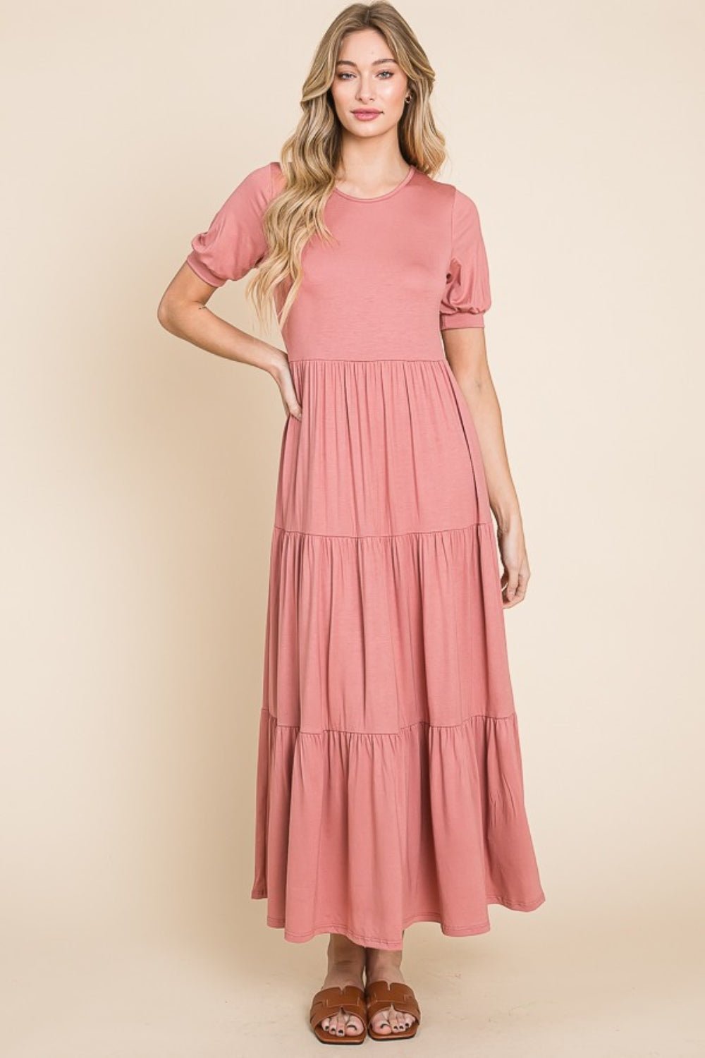 BOMBOM Short Sleeve Tiered Maxi Dress - Runway Regalia