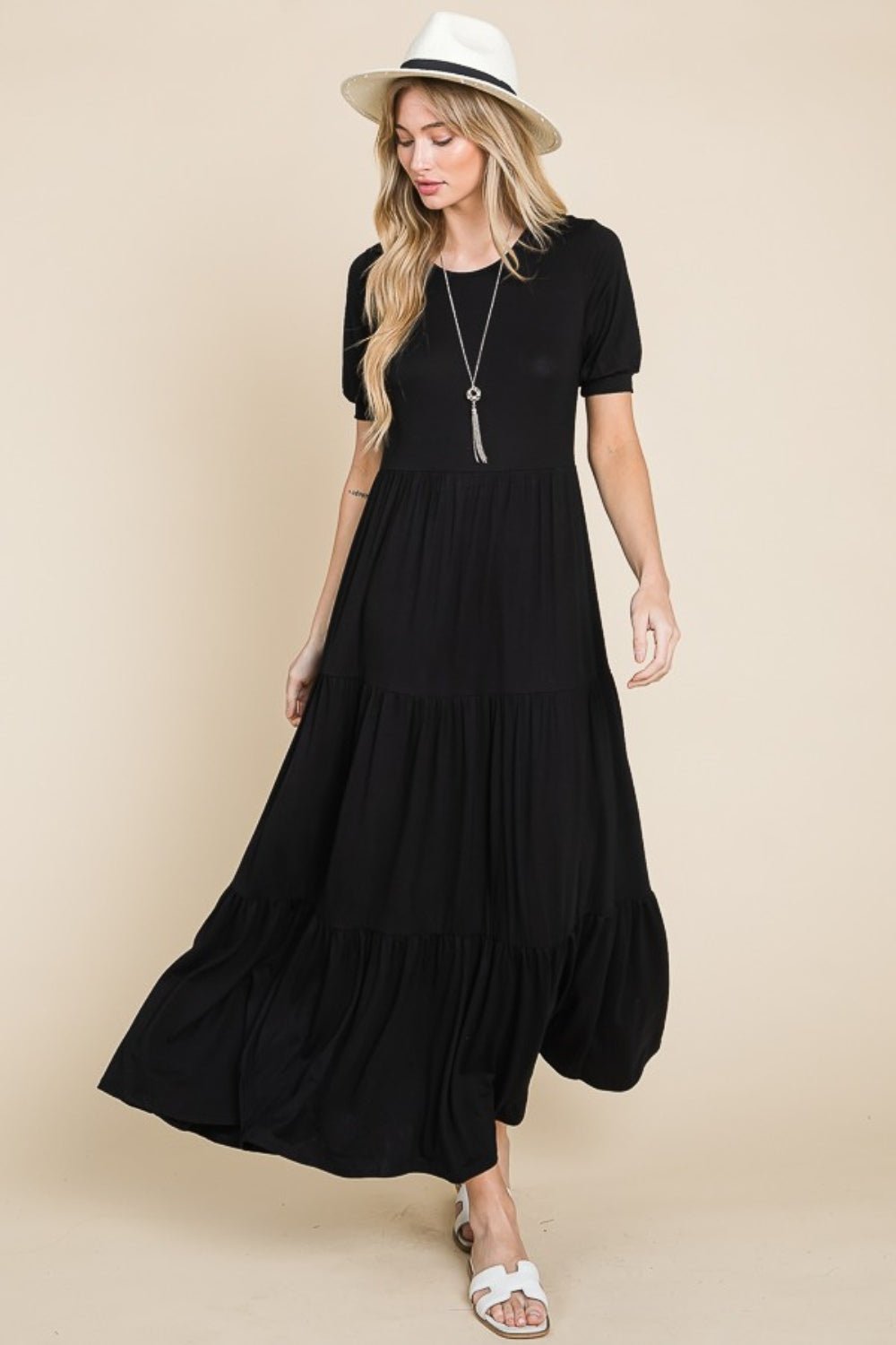 BOMBOM Short Sleeve Tiered Maxi Dress - Runway Regalia