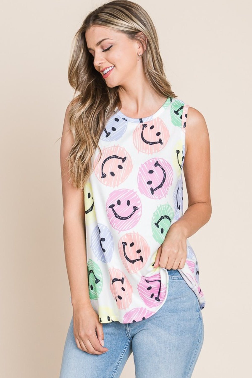 BOMBOM Smiley Face Round Neck Tank - Runway Regalia