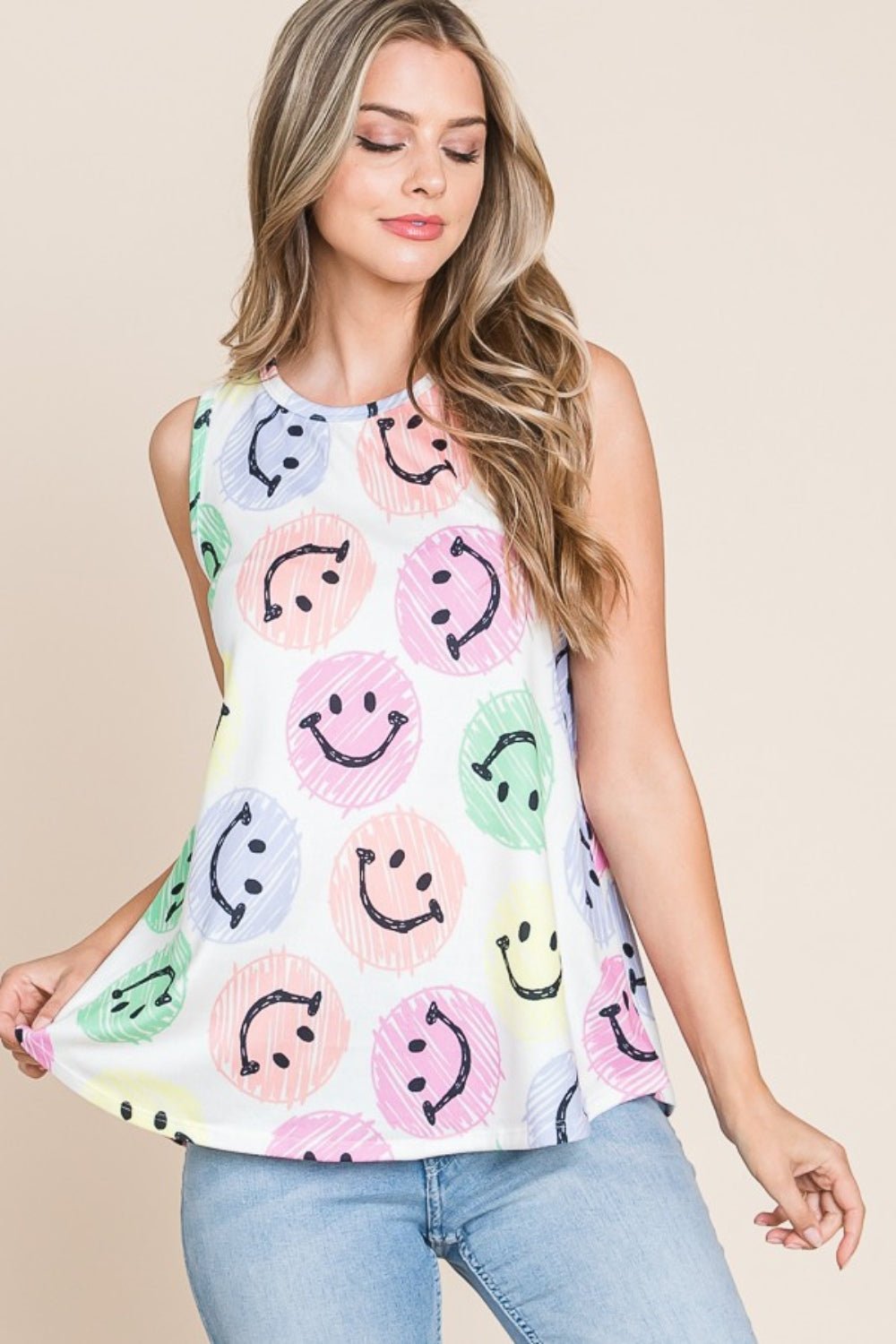 BOMBOM Smiley Face Round Neck Tank - Runway Regalia