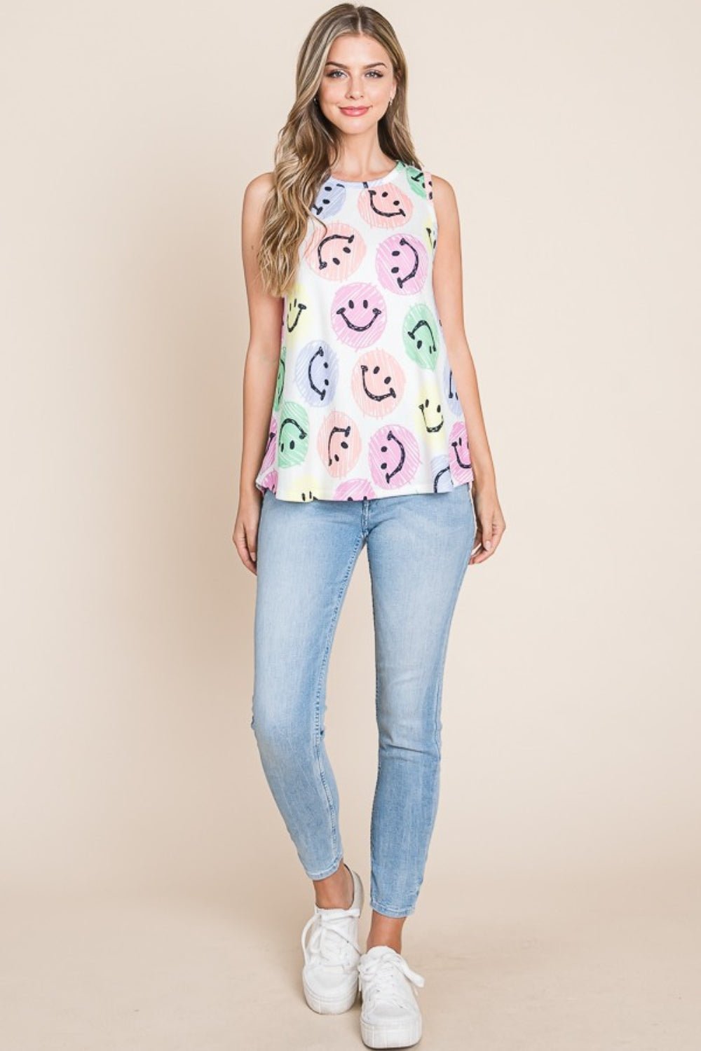 BOMBOM Smiley Face Round Neck Tank - Runway Regalia