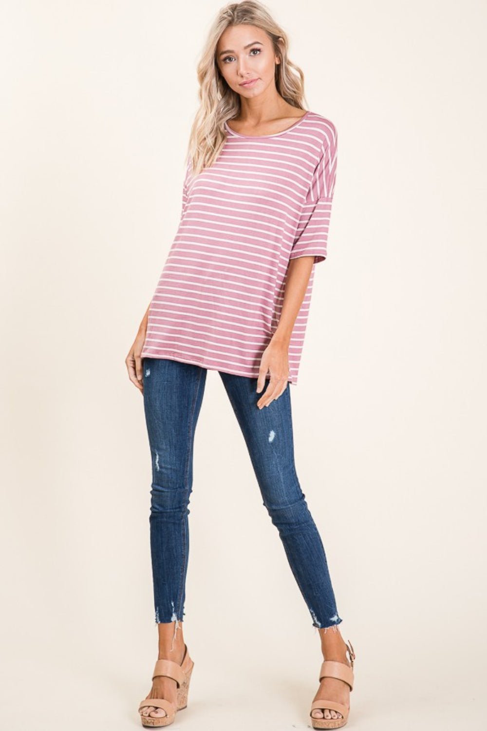 BOMBOM Striped Round Neck Half Sleeve T-Shirt - Runway Regalia