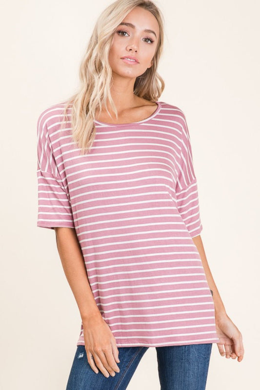 BOMBOM Striped Round Neck Half Sleeve T-Shirt - Runway Regalia