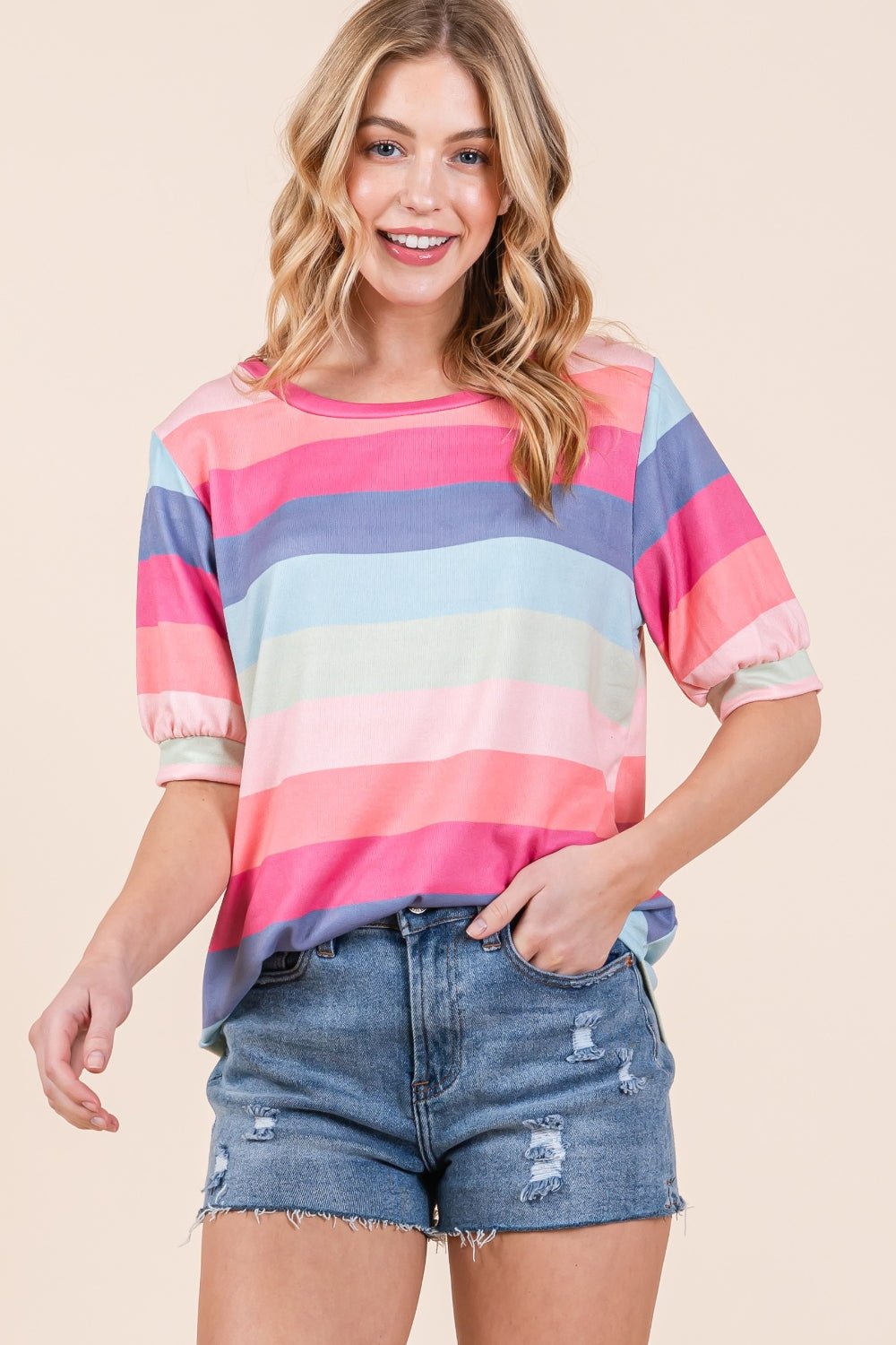 BOMBOM Striped Round Neck Half Sleeve T-Shirt - Runway Regalia