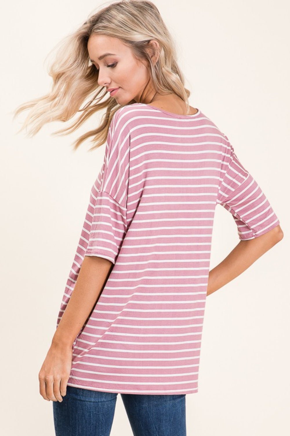 BOMBOM Striped Round Neck Half Sleeve T-Shirt - Runway Regalia