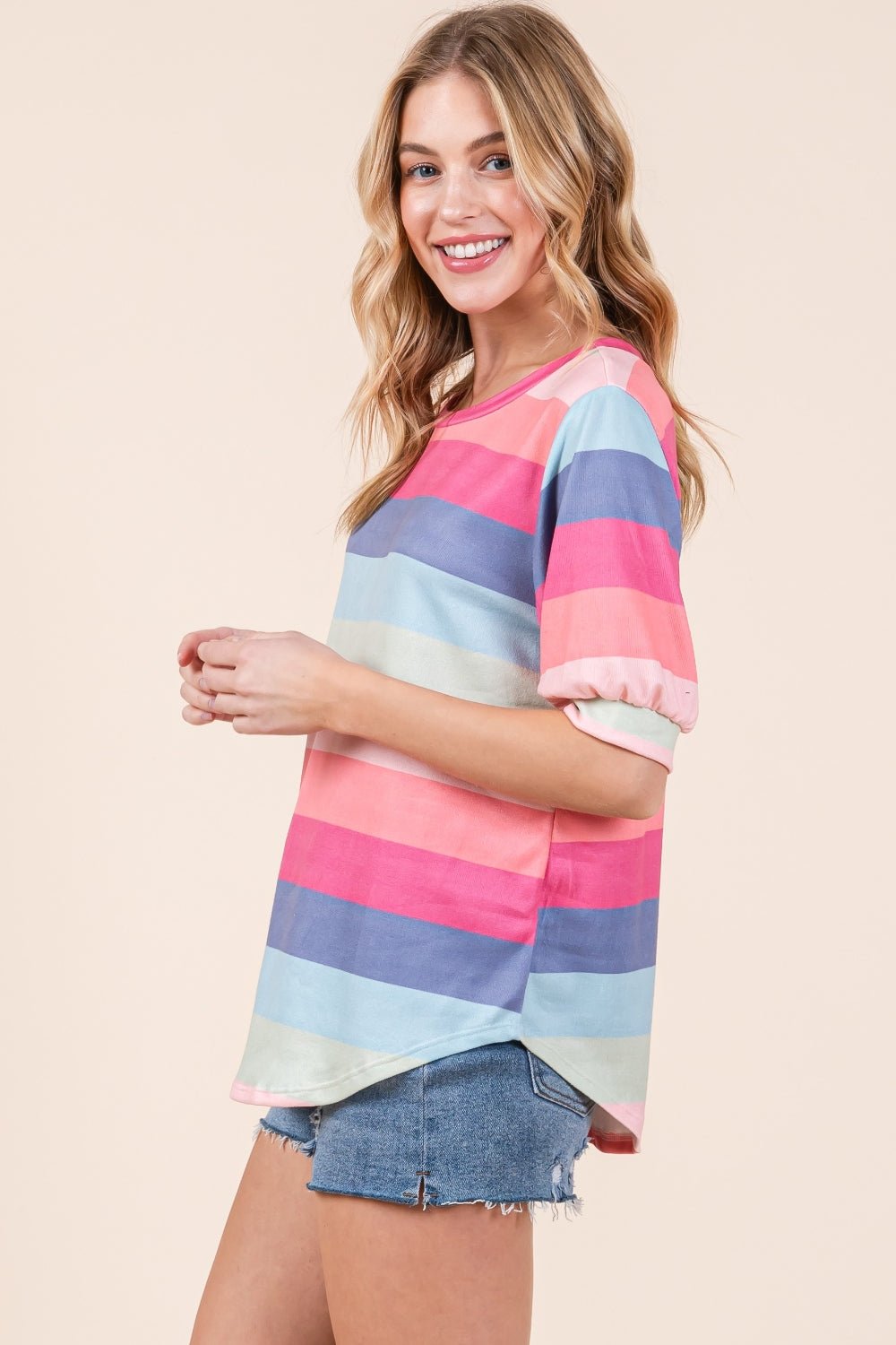 BOMBOM Striped Round Neck Half Sleeve T-Shirt - Runway Regalia