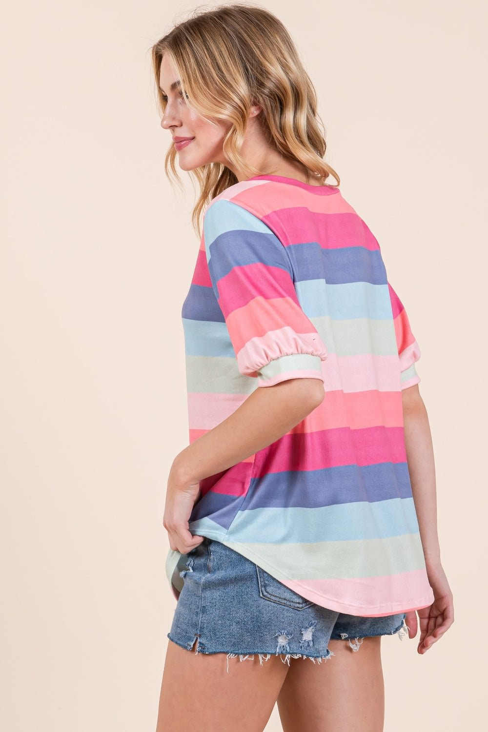 BOMBOM Striped Round Neck Half Sleeve T-Shirt - Runway Regalia