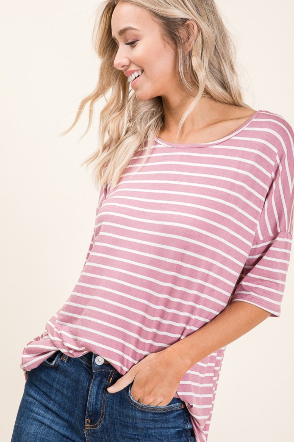 BOMBOM Striped Round Neck Half Sleeve T-Shirt - Runway Regalia