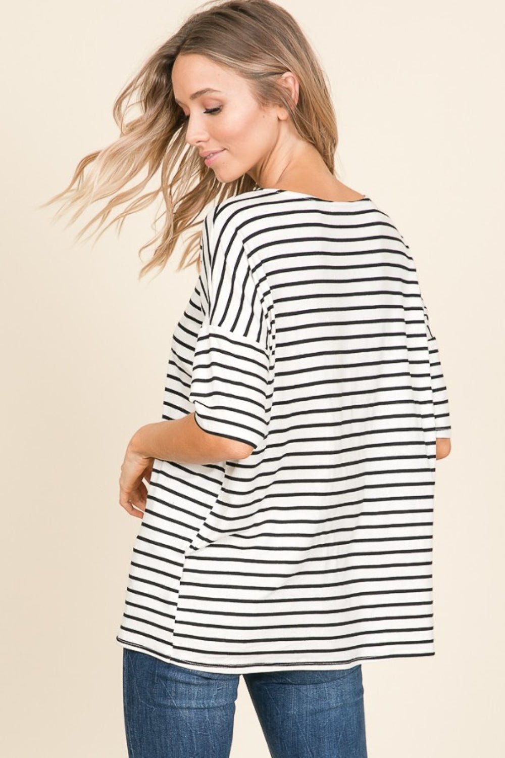 BOMBOM Striped Round Neck T-Shirt - Runway Regalia