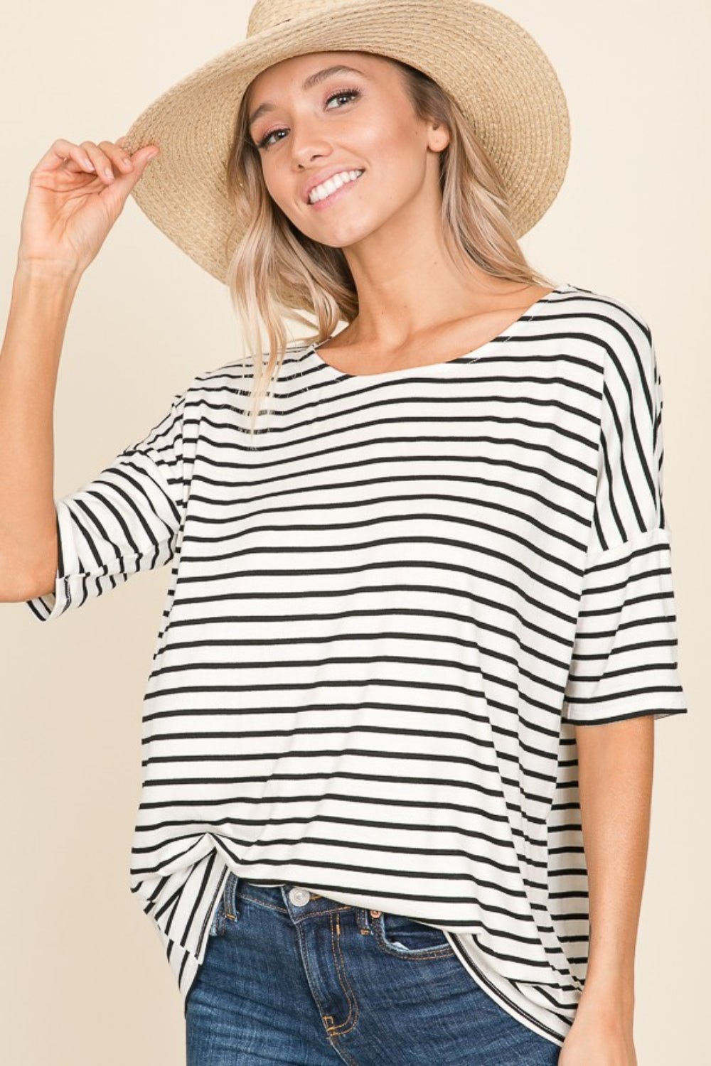 BOMBOM Striped Round Neck T-Shirt - Runway Regalia