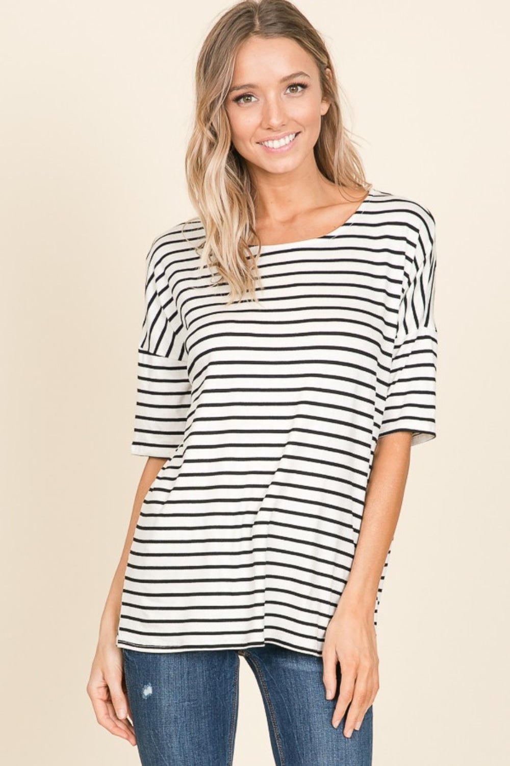 BOMBOM Striped Round Neck T-Shirt - Runway Regalia