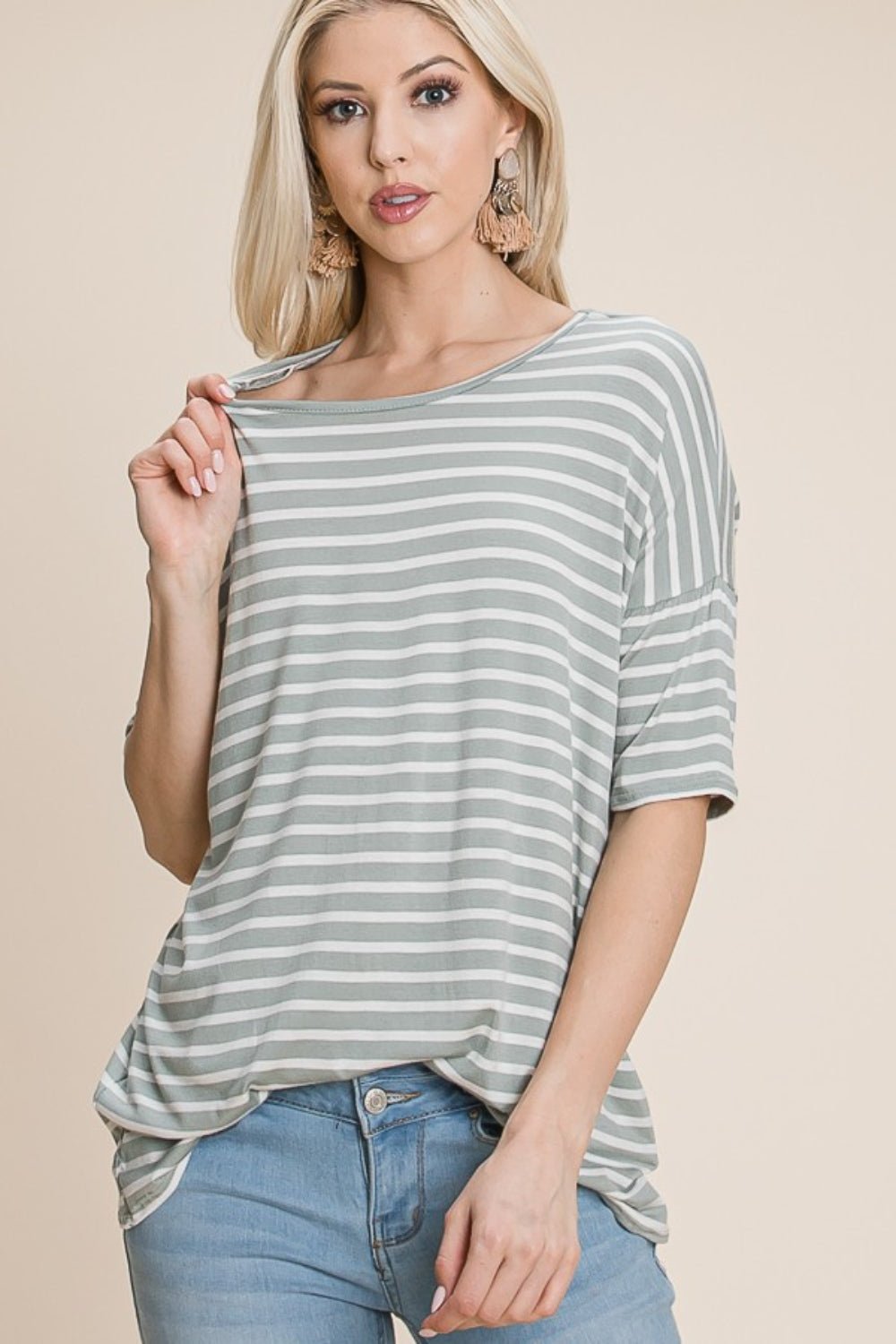 BOMBOM Striped Round Neck T-Shirt - Runway Regalia