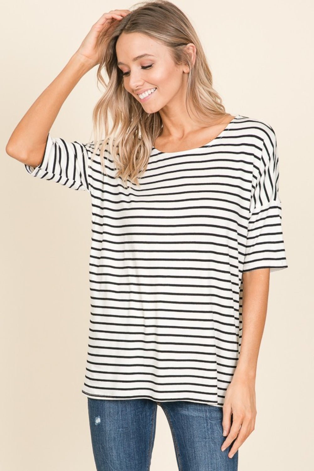 BOMBOM Striped Round Neck T-Shirt - Runway Regalia