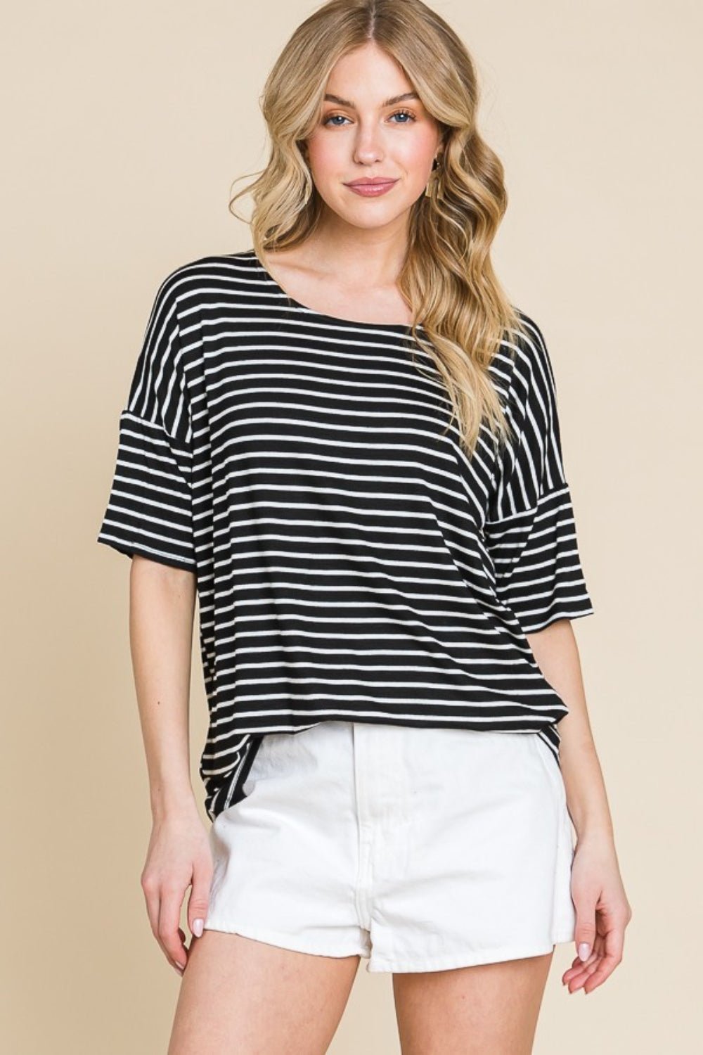 BOMBOM Striped Round Neck T-Shirt - Runway Regalia