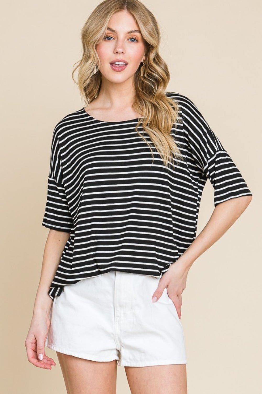 BOMBOM Striped Round Neck T-Shirt - Runway Regalia