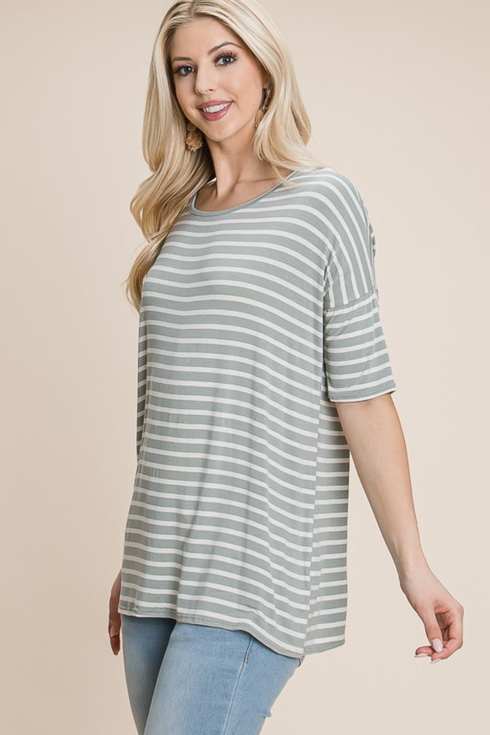 BOMBOM Striped Round Neck T-Shirt - Runway Regalia