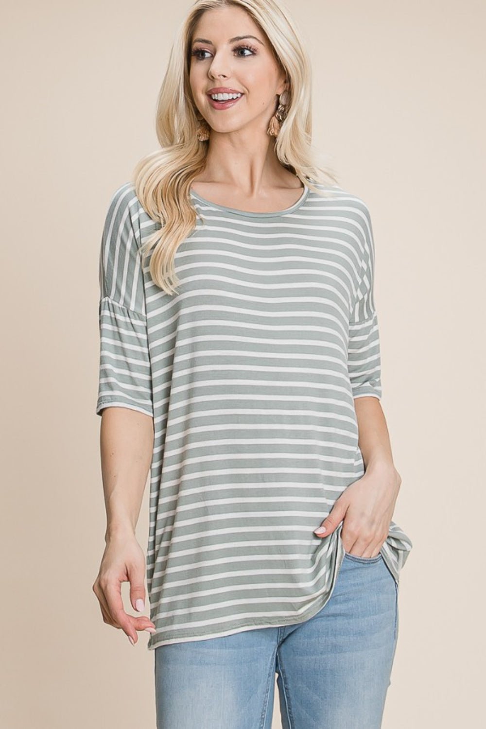 BOMBOM Striped Round Neck T-Shirt - Runway Regalia