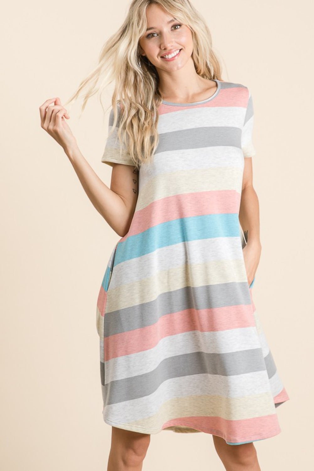 BOMBOM Striped Short Sleeve Dress with Pockets - Runway Regalia