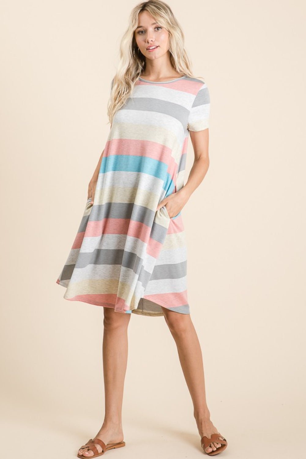 BOMBOM Striped Short Sleeve Dress with Pockets - Runway Regalia