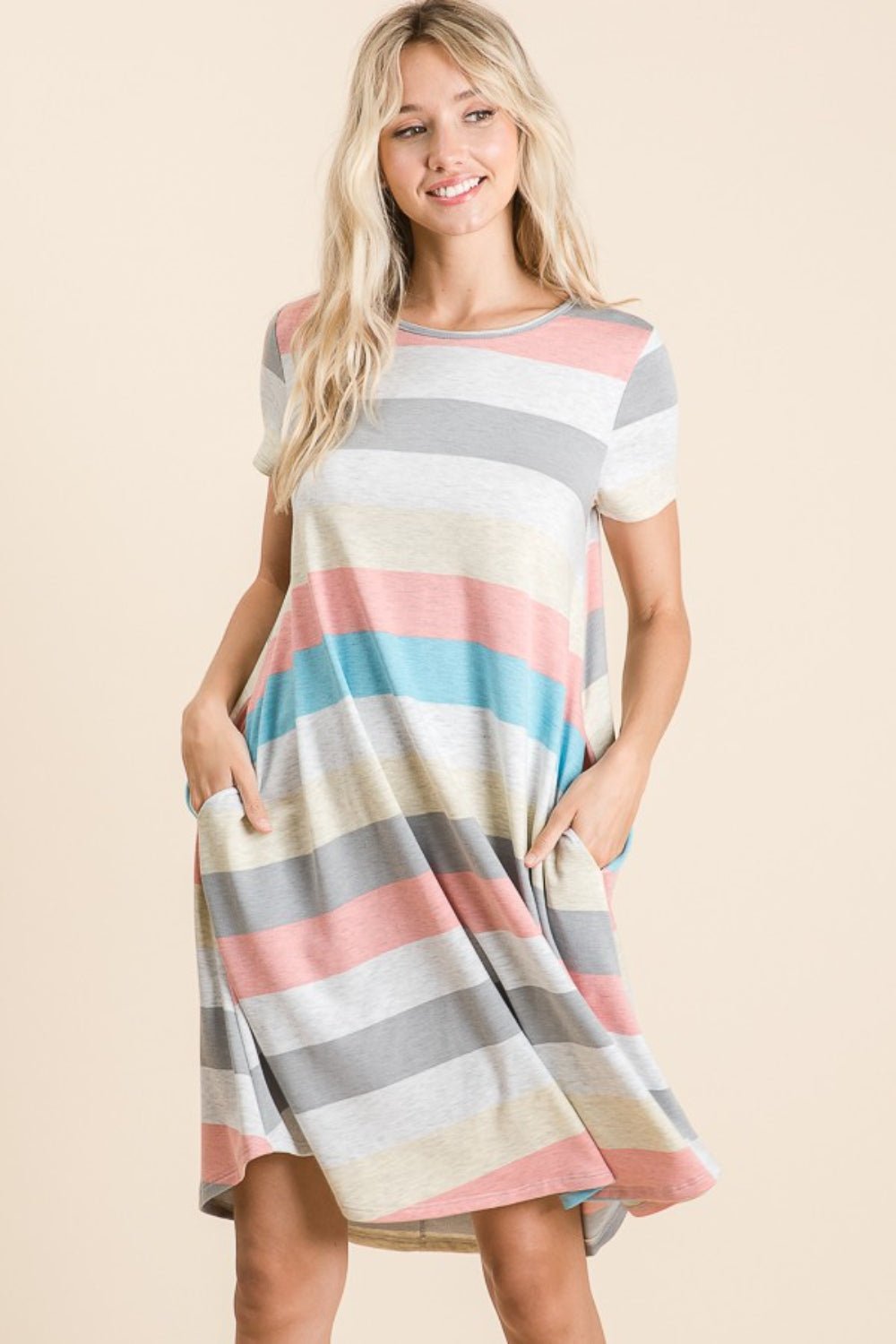 BOMBOM Striped Short Sleeve Dress with Pockets - Runway Regalia