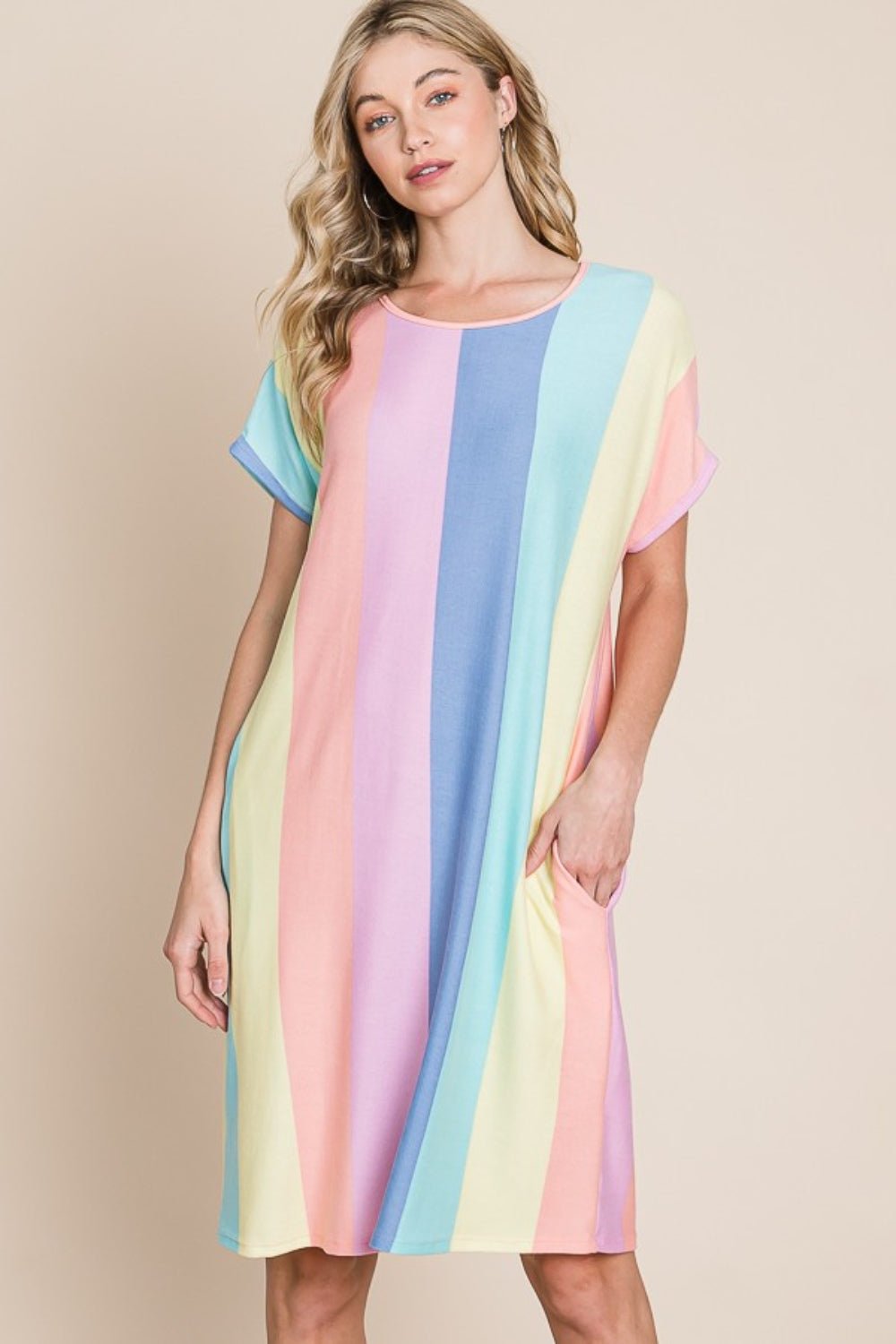 BOMBOM Striped Short Sleeve Dress with Pockets - Runway Regalia