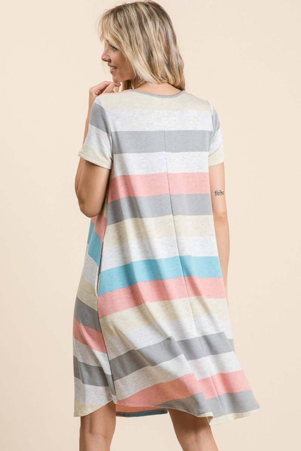 BOMBOM Striped Short Sleeve Dress with Pockets - Runway Regalia