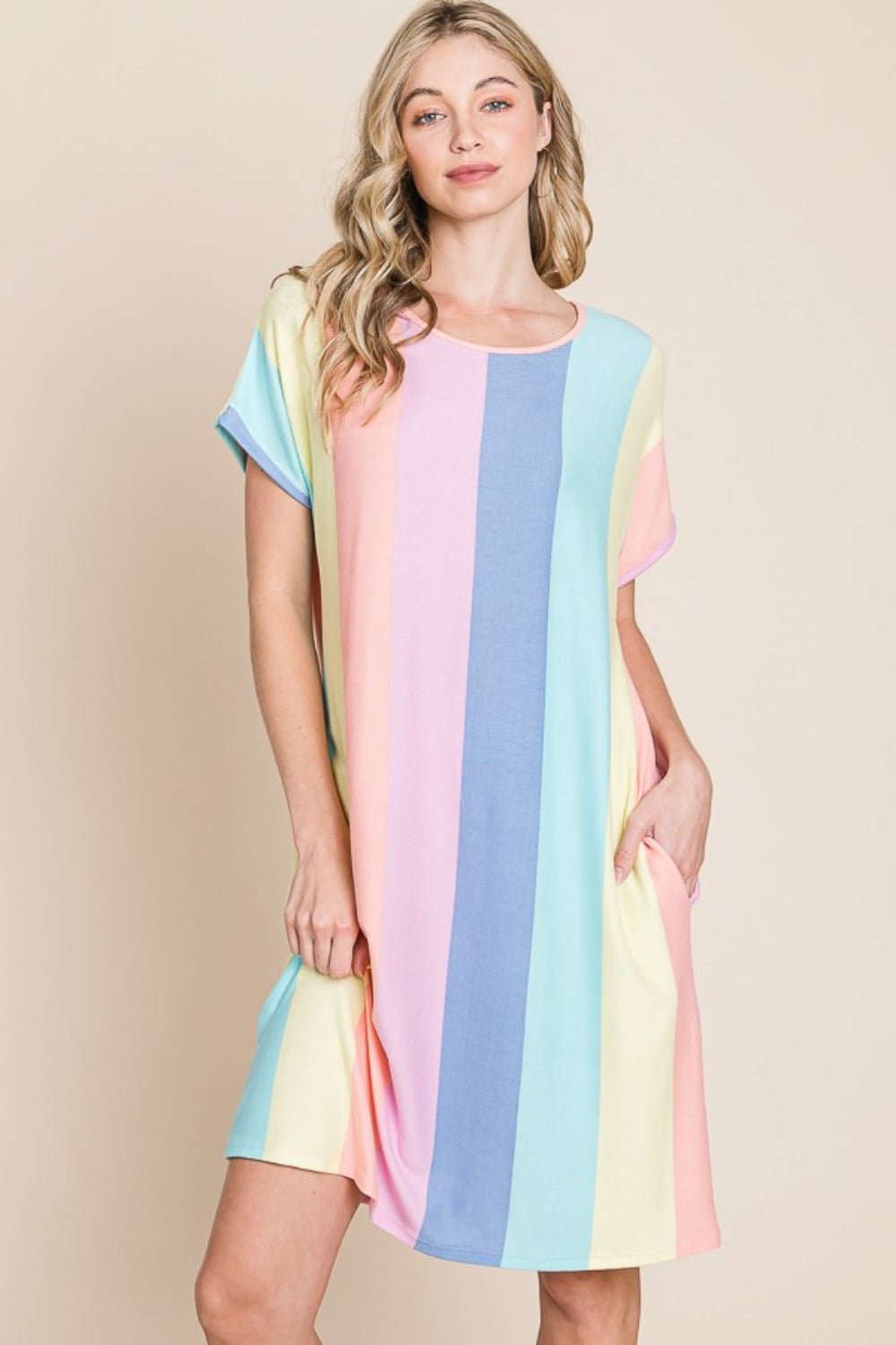 BOMBOM Striped Short Sleeve Dress with Pockets - Runway Regalia