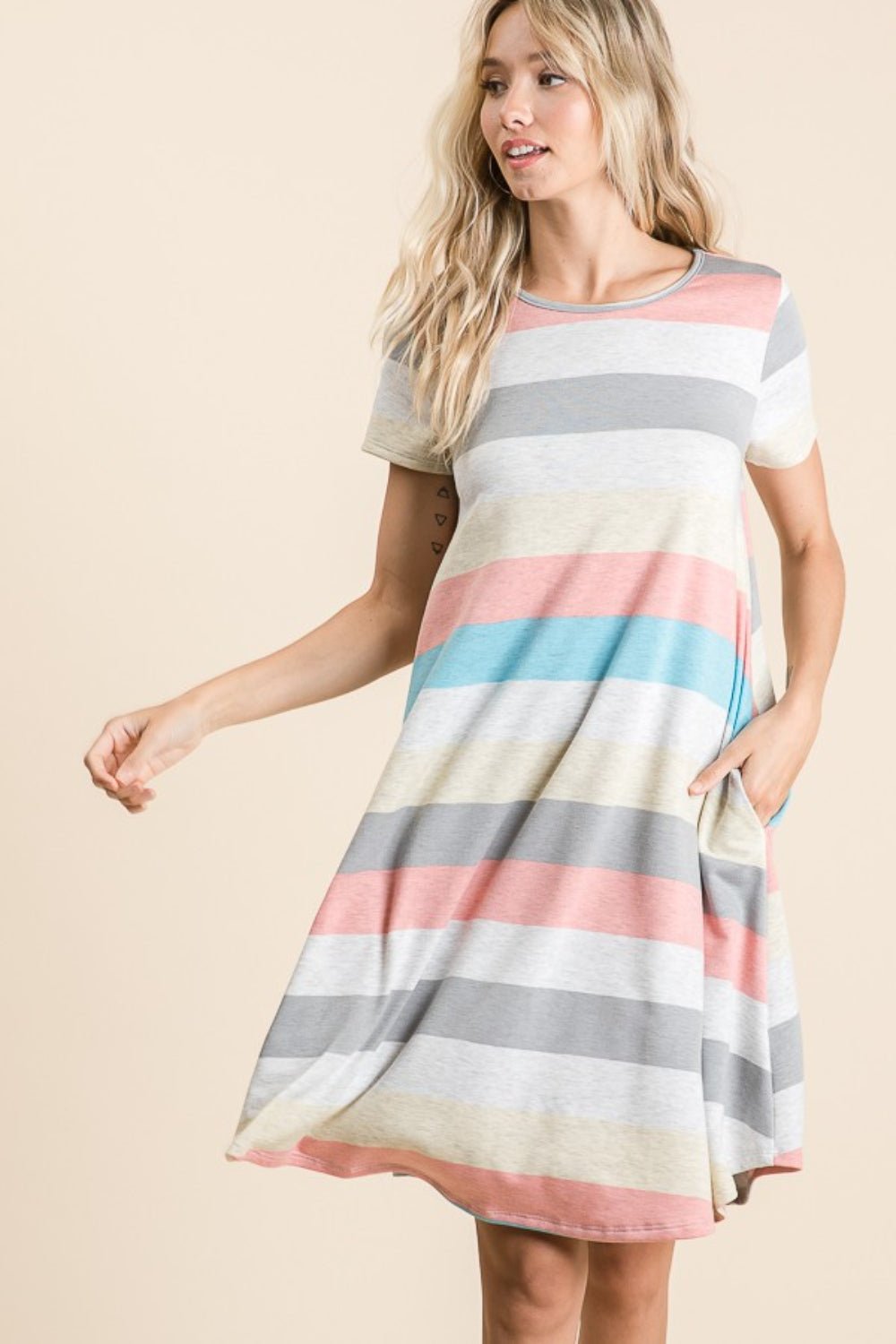 BOMBOM Striped Short Sleeve Dress with Pockets - Runway Regalia