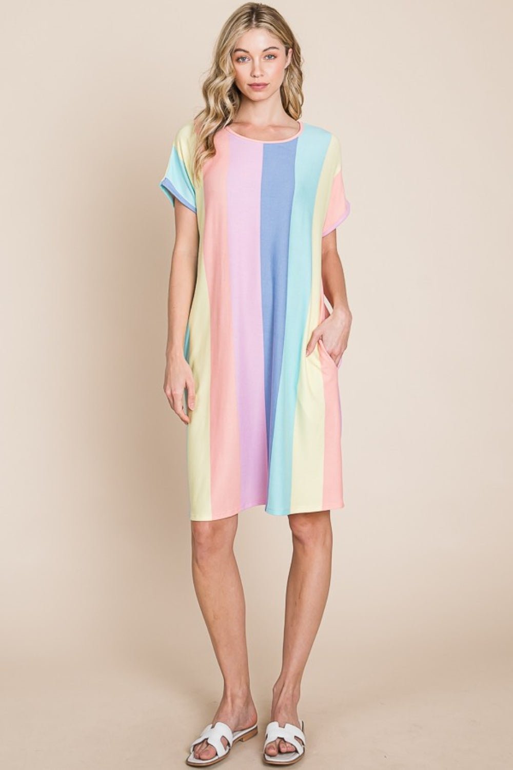 BOMBOM Striped Short Sleeve Dress with Pockets - Runway Regalia