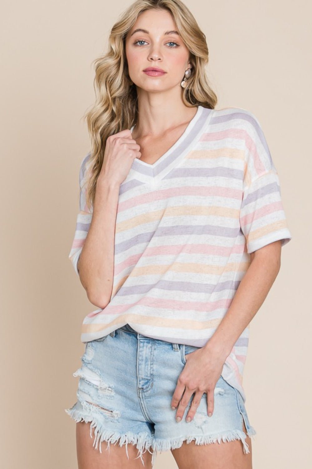 BOMBOM Striped V - Neck Short Sleeve T-Shirt - Runway Regalia