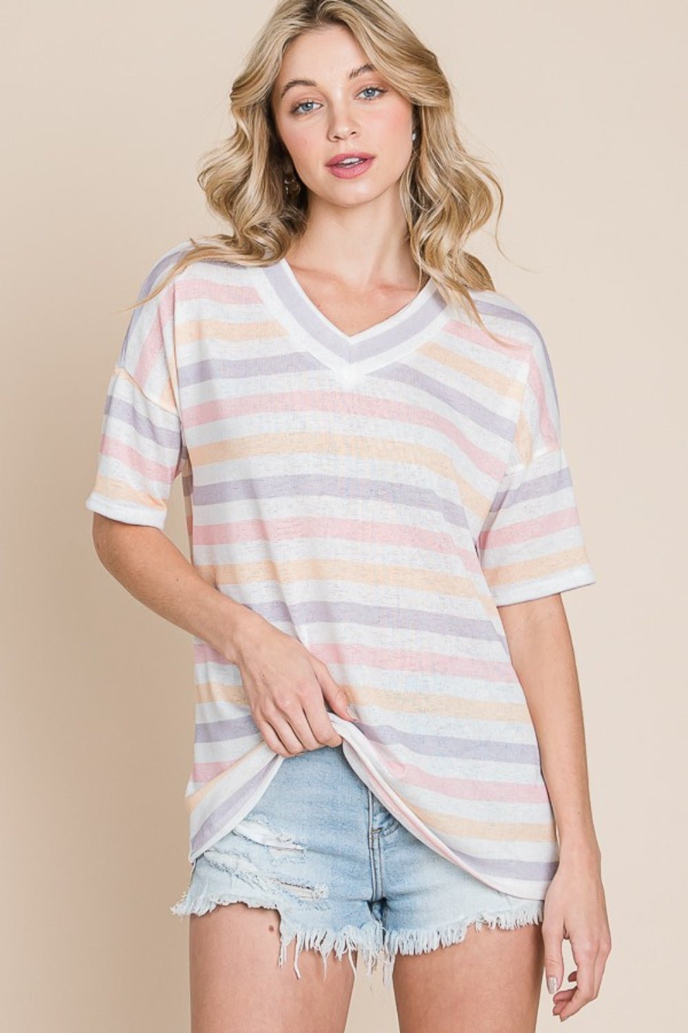 BOMBOM Striped V - Neck Short Sleeve T-Shirt - Runway Regalia