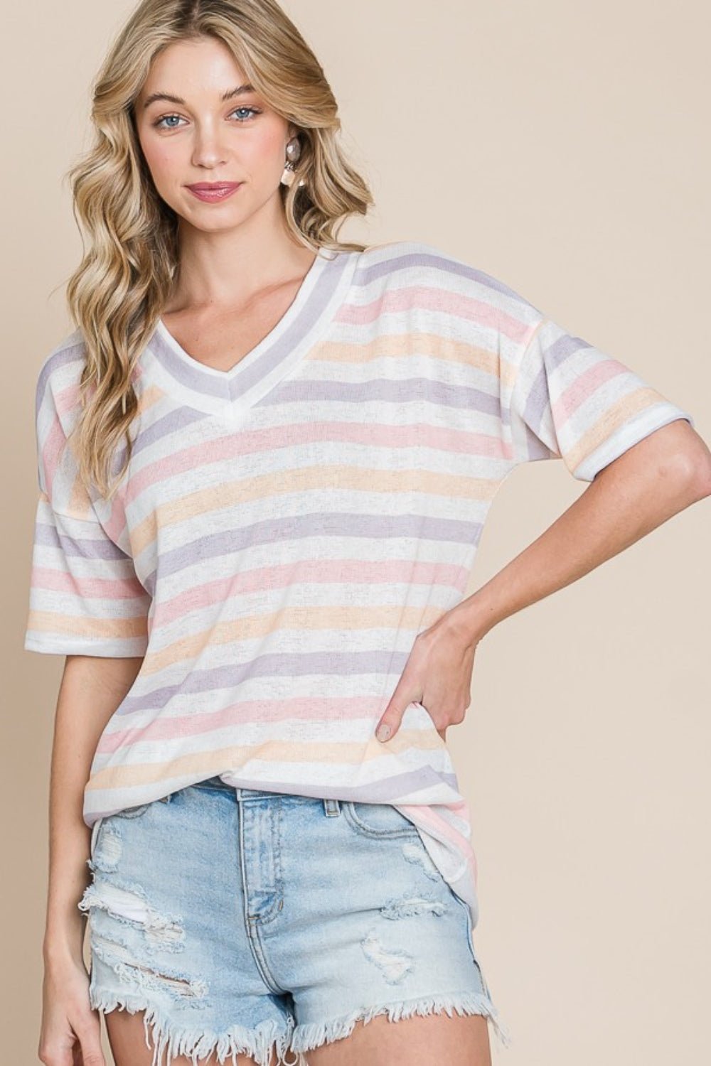 BOMBOM Striped V - Neck Short Sleeve T-Shirt - Runway Regalia