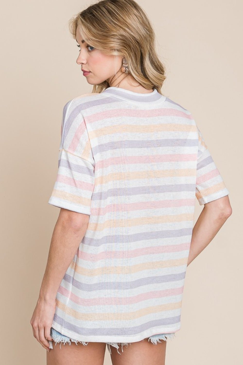 BOMBOM Striped V - Neck Short Sleeve T-Shirt - Runway Regalia