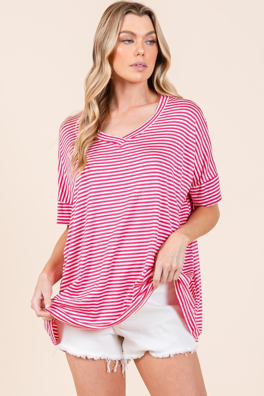 BOMBOM Striped V - Neck T-Shirt - Runway Regalia