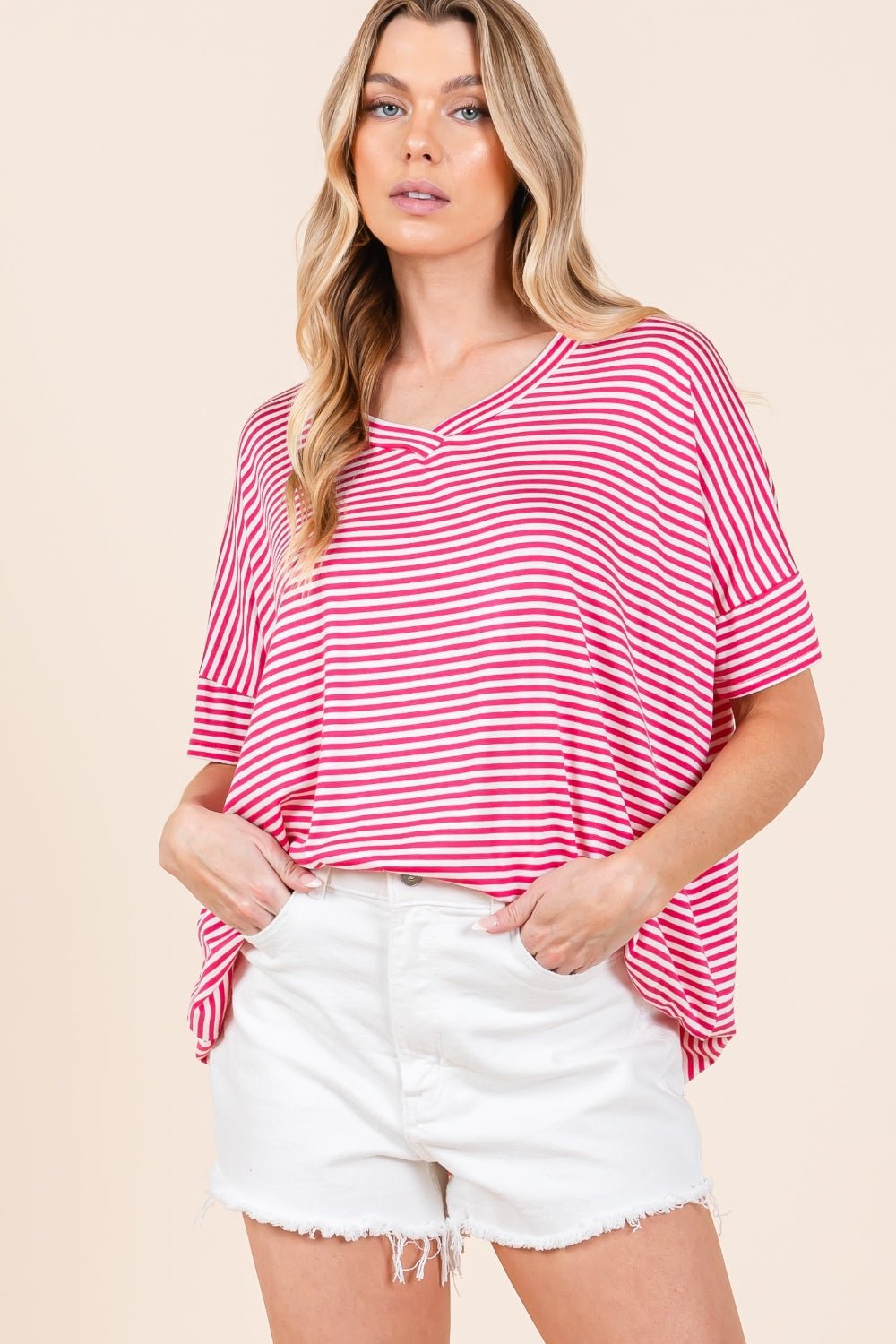 BOMBOM Striped V - Neck T-Shirt - Runway Regalia