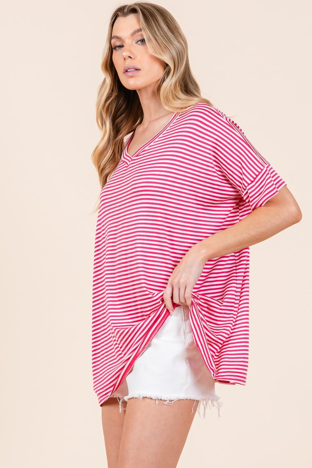 BOMBOM Striped V - Neck T-Shirt - Runway Regalia