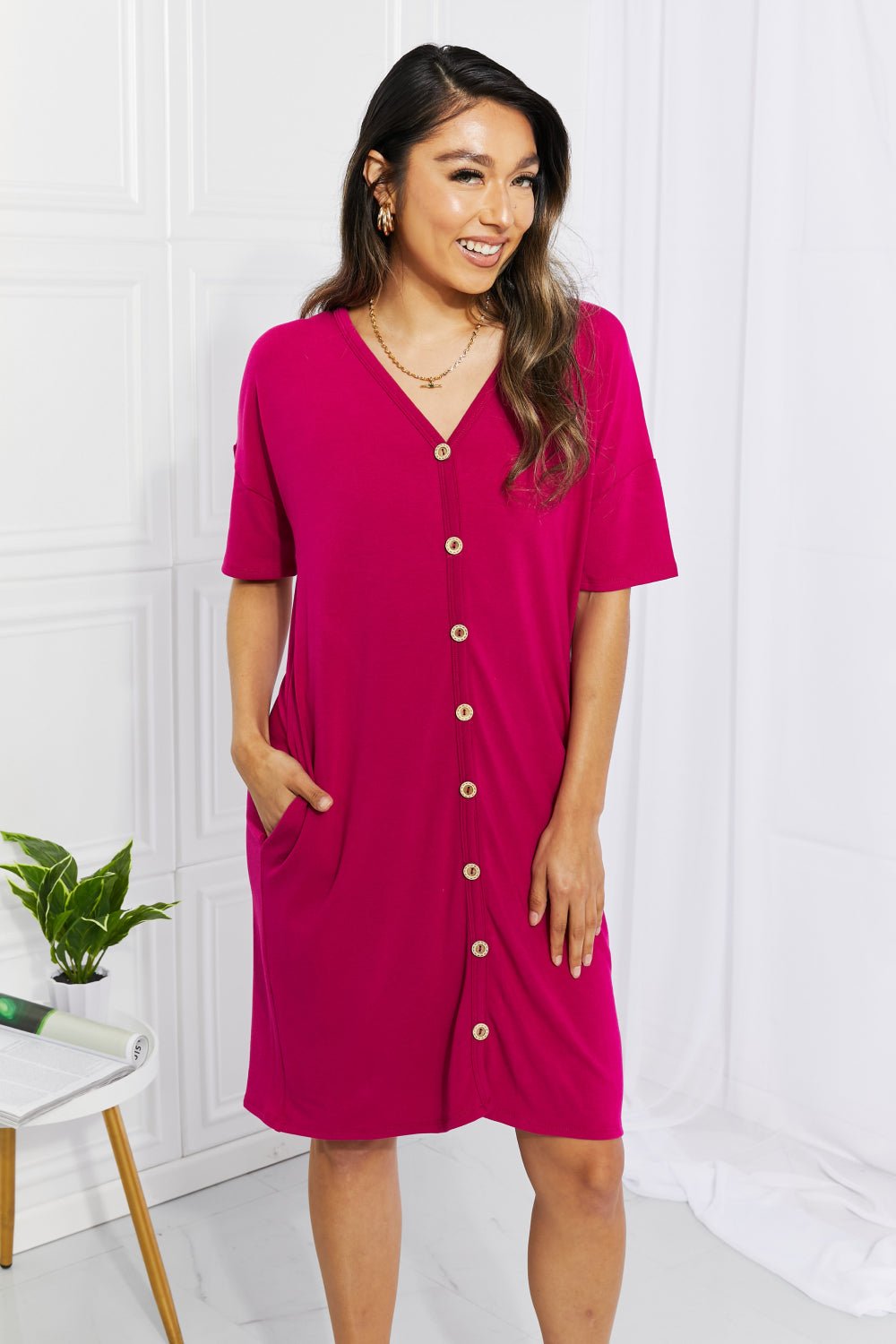 BOMBOM Sunday Brunch Button Down Midi Dress in Magenta - Runway Regalia