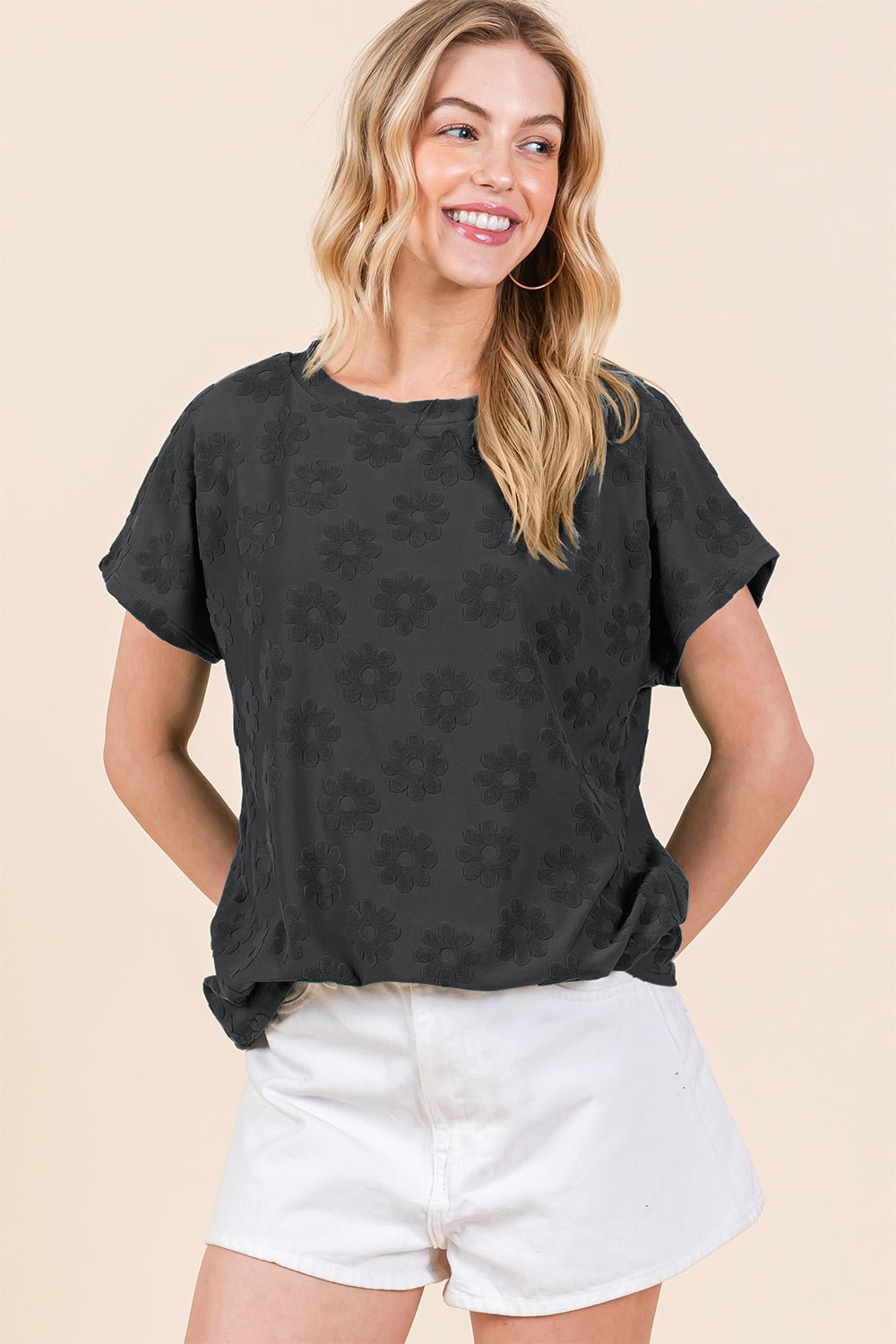 BOMBOM Textured Floral Pattern Short Sleeve T-Shirt - Runway Regalia