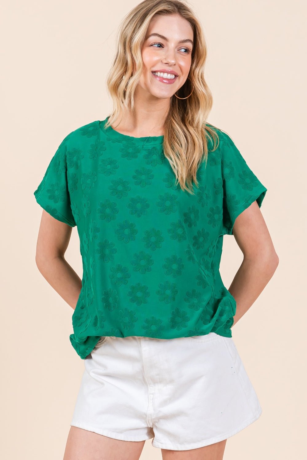 BOMBOM Textured Floral Pattern Short Sleeve T-Shirt - Runway Regalia