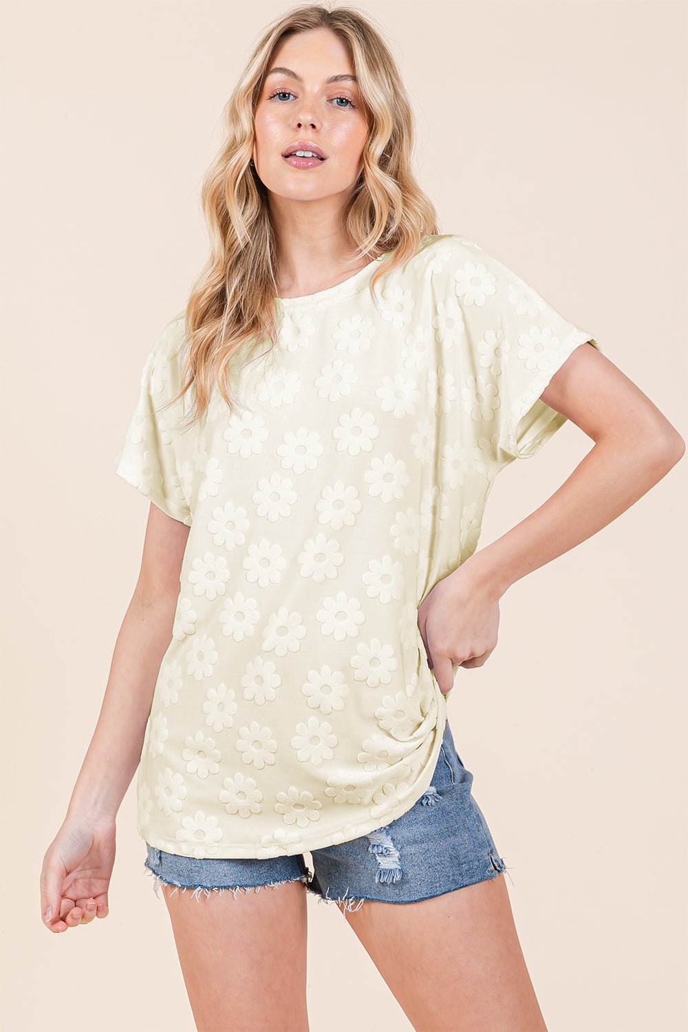 BOMBOM Textured Floral Pattern Short Sleeve T-Shirt - Runway Regalia