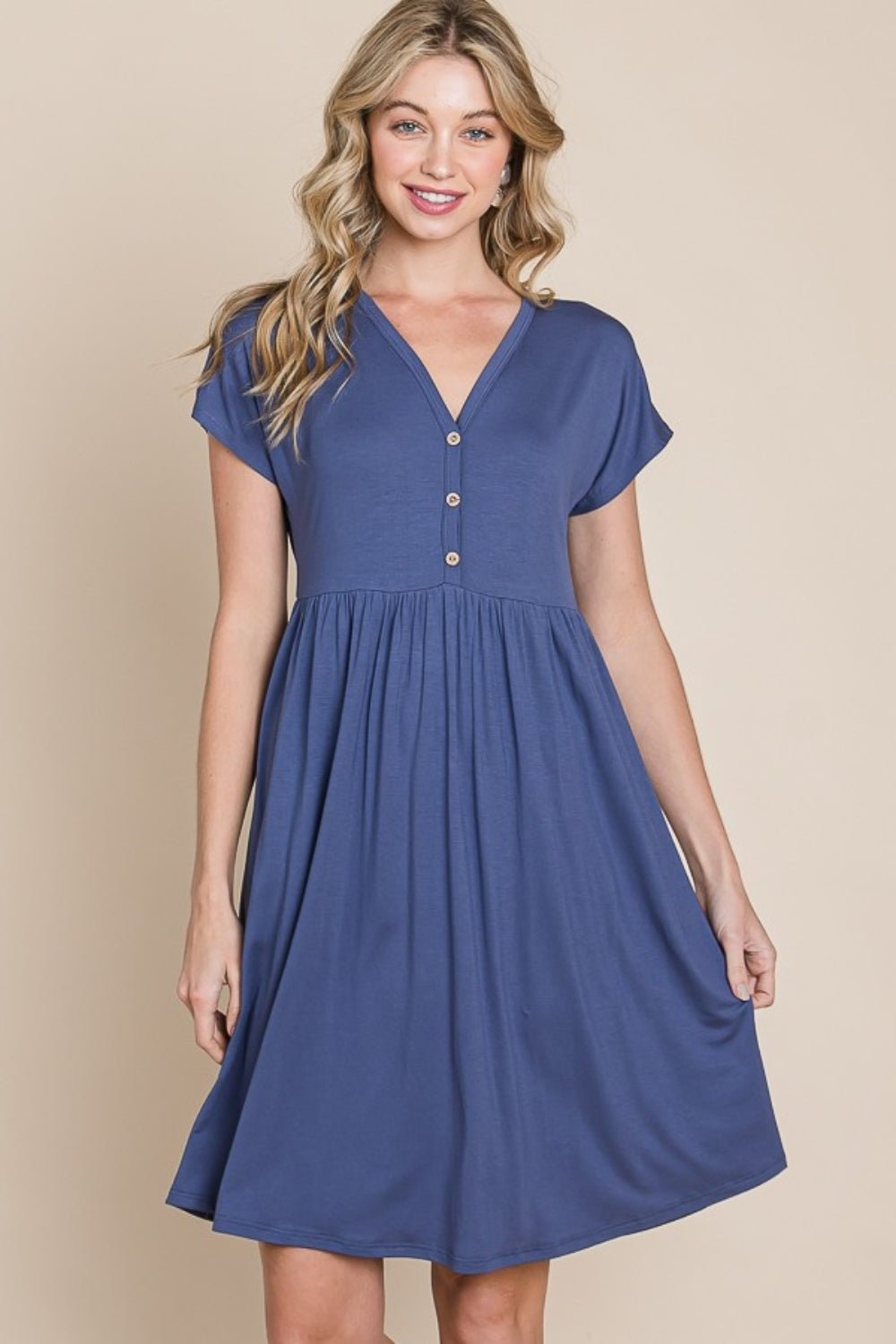 BOMBOM V - Neck Short Sleeve Dress - Runway Regalia