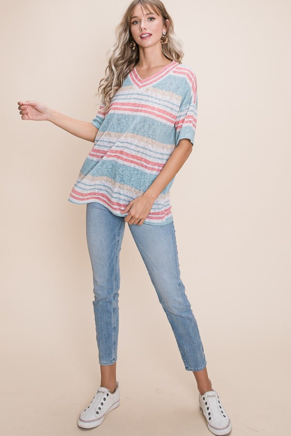 BOMBOM V - Neck Striped Knit Top - Runway Regalia