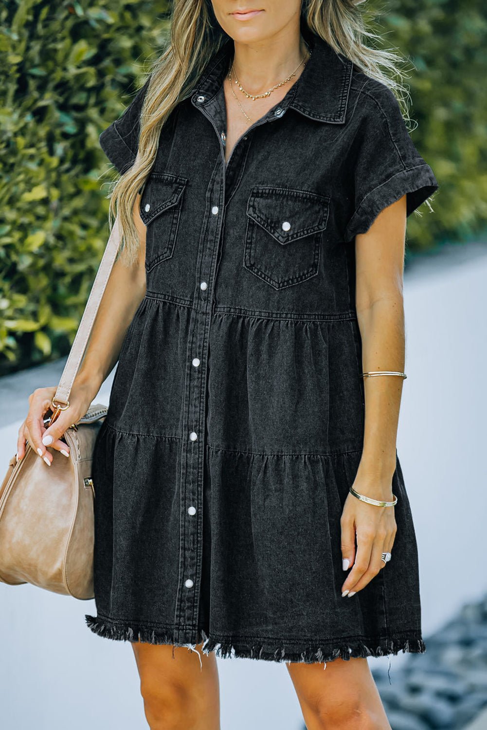 Button Front Raw Hem Denim Dress - Runway Regalia