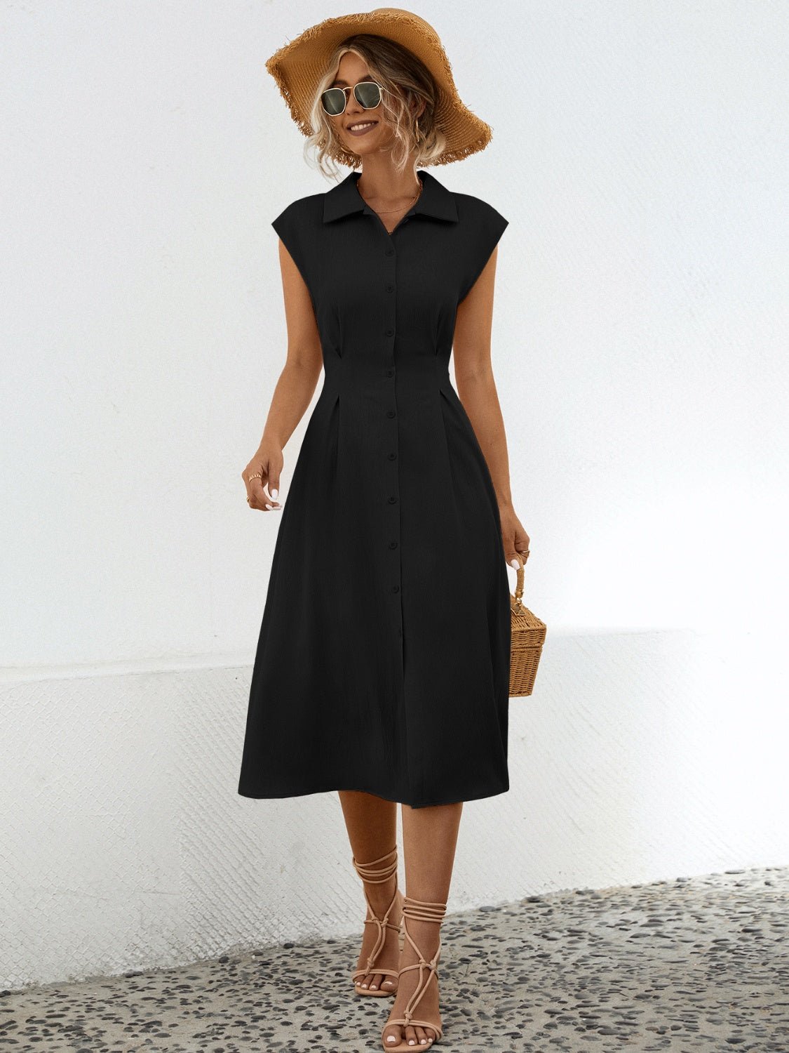 Button Up Cap Sleeve Midi Dress - Runway Regalia